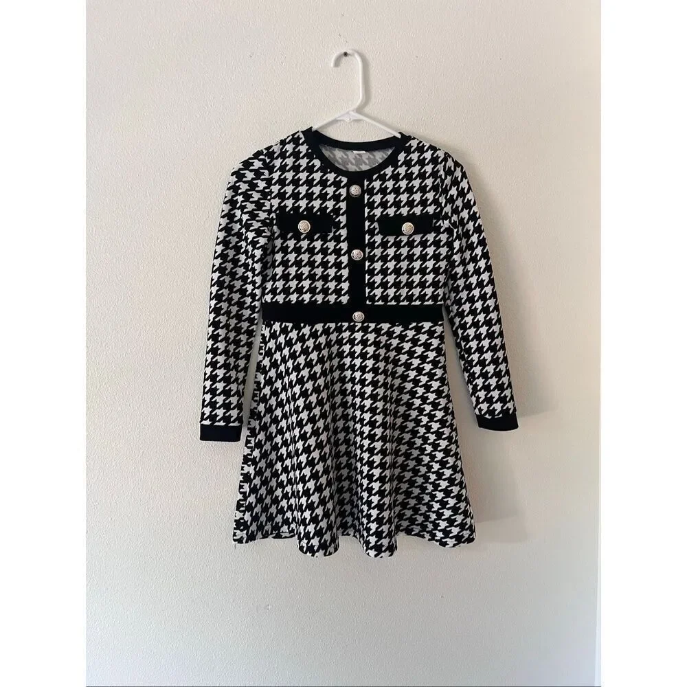 Girls' Houndstooth Print Dress with Button Front Casual A-Line Mini Dress size 1